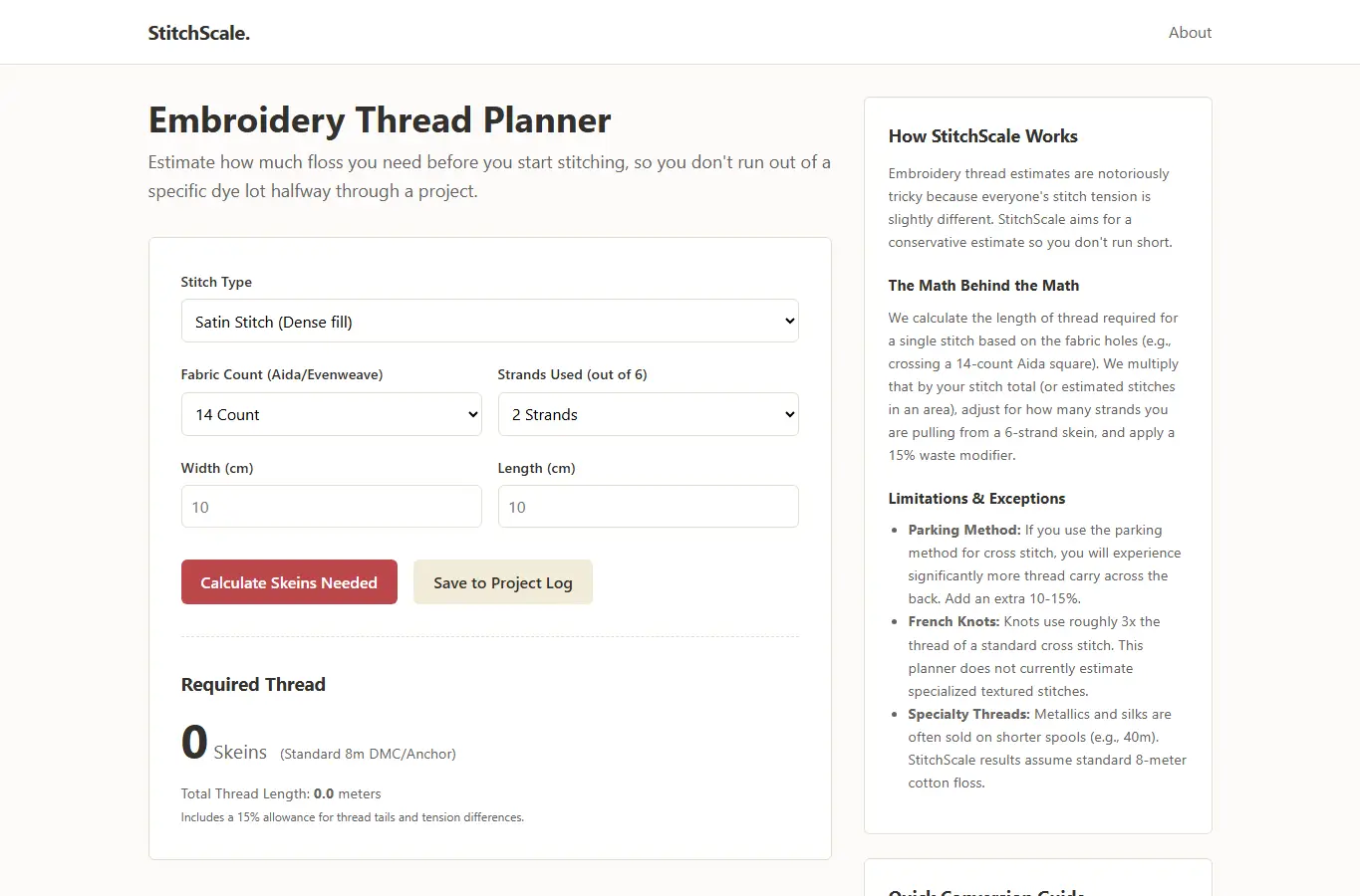 Screenshot of StitchScale - Embroidery Thread Planner interface showing the project page in use
